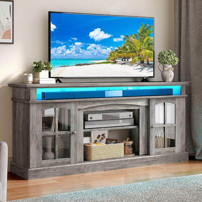 LED Farmhouse TV Stand for 75 Inch w/Outlets, Mode... (Grey | Engineered Wood)