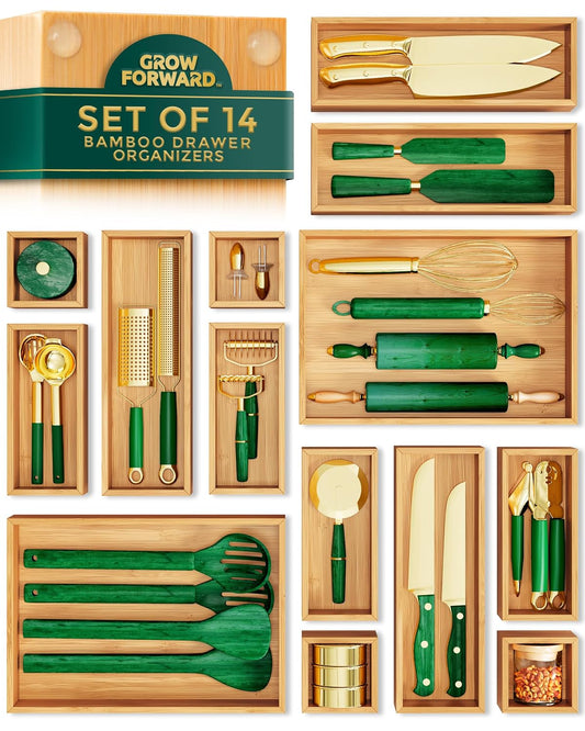 Grow Forward Bamboo Drawer Organizer Boxes - Set of 14 Wooden Drawer Organizers for Kitchen, Bathroom, Office, Desk, Vanity, Makeup - Non-Slip Junk Drawer Organizer Trays for Storage and Organization