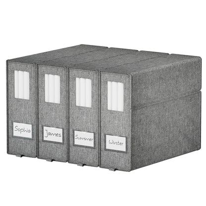 Furnhome Bed Sheet Organizers and Storage 4 Pack for Linen Closet, Foldable Sheet Set Holder with Window & Labels, Stackable Bedding Storage Boxes for Sheets, Duvet Covers, Blankets