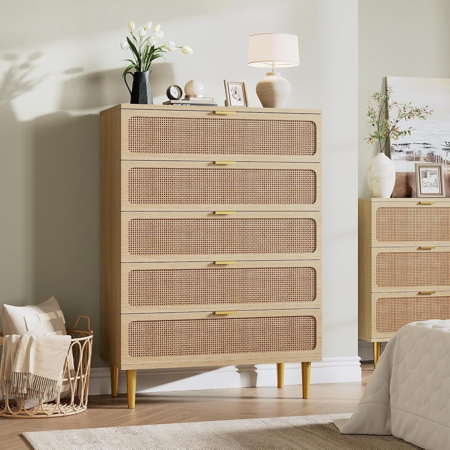 GarveeHome Rattan 5 Drawer Dressers for Bedroom, Deep Drawer, Natural | Tall Dresser, Wide Top, for Living Room, Hallway, Kids Room, Large Chest of Drawers for Closet, Long Wooden Dresser