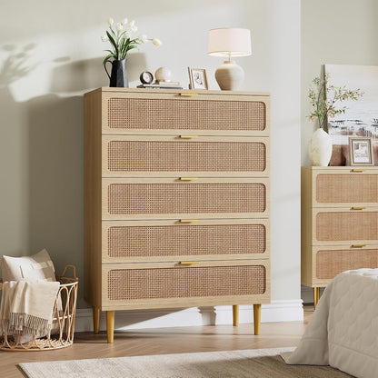 GarveeHome Rattan 5 Drawer Dressers for Bedroom, Deep Drawer, Natural | Tall Dresser, Wide Top, for Living Room, Hallway, Kids Room, Large Chest of Drawers for Closet, Long Wooden Dresser