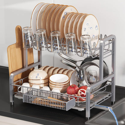2 Tier Large Stainless Steel Dish Drying Rack for Kitchen Counter | Large Stainless Steel Dish Drain, Space Saving, Big Modern Silver Countertop Metal Plates Dryer Strainer and Extra Tray