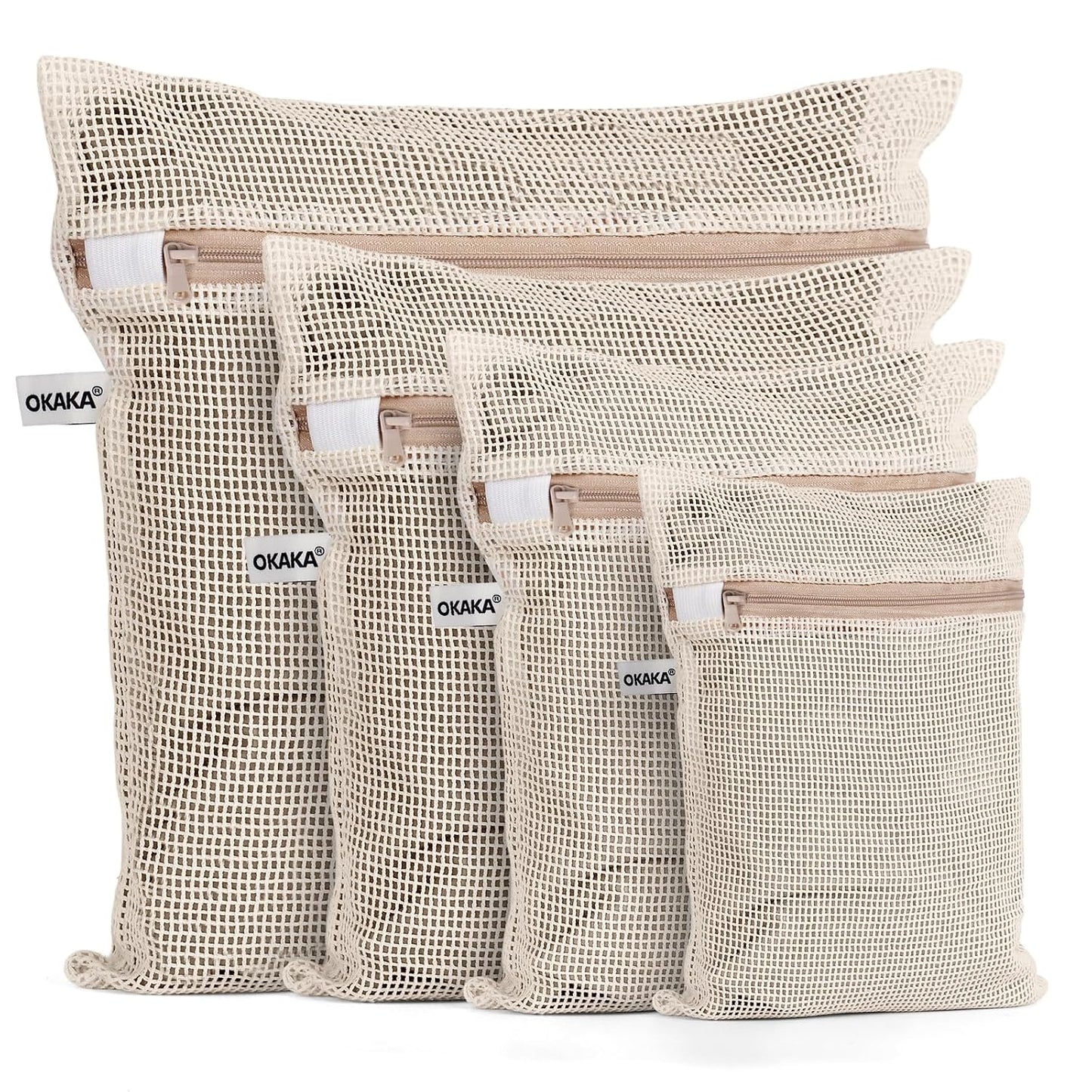 100% Cotton Mesh Laundry Bags, Premium Soft, No Dye, Set of 4, Natural