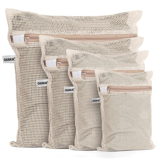 100% Cotton Mesh Laundry Bags, Premium Soft, No Dye, Set of 4, Natural