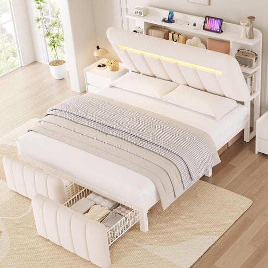 Jocoevol Full Size Bed Frame with Storage Headboard,Upholstered White Bed Frame Full with Storage Drawers and Charging Station,Velvet Platform Metal Bed, Noise-Free No Box Spring Needed