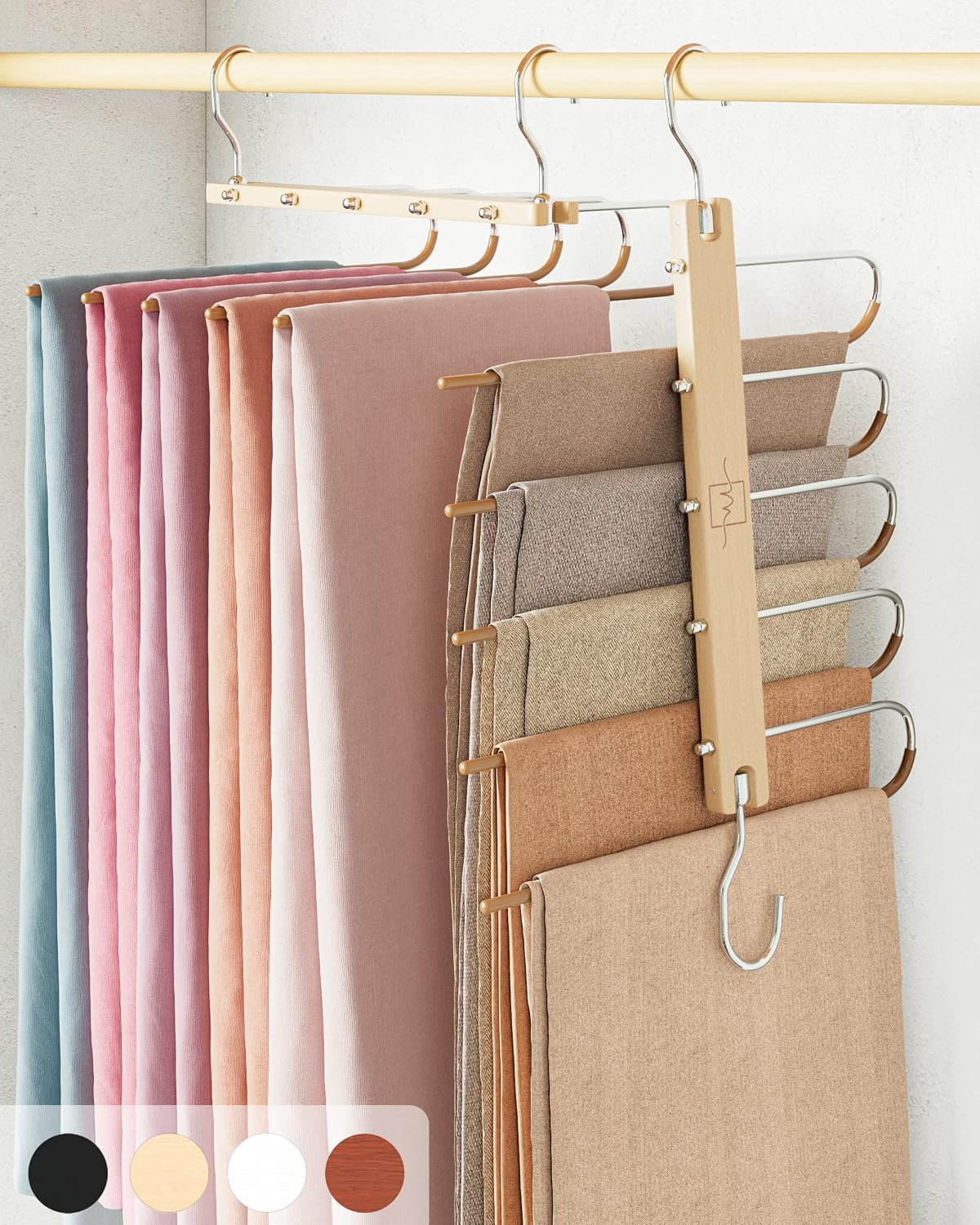 Pants Hangers Space Saving - 2 Pack European Beechwood Scarf and Jean Hangers - Closet Organizer and Space Saver Pant Rack, Leggings Hanger, and Scarf Holder with 360° Swivel Hook