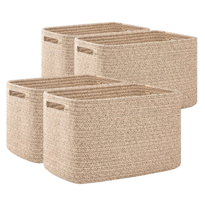 OIAHOMY 4 Pack Storage Baskets for Organizing, Cube Storage Bins for Shelves, Rectangle Storage Baskets With Handles, Woven Baskets for Storage, 12.7''Lx9''Wx7.8''H, Mixed Brown