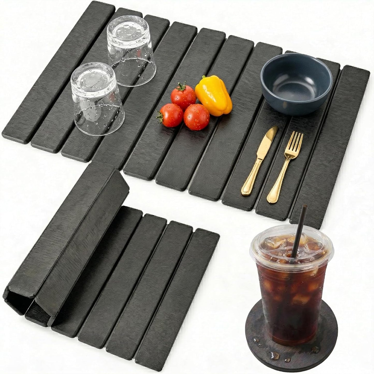 Large Stone Drying Mat for Kitchen Counter, Quick Dry Stone Drying Mat, Foldable Water Absorbing Diatomaceous Earth Dish Drying Mat for Plate Rack Bottles Utensils(Dark Gray 24"×16" & 4" Coaster)