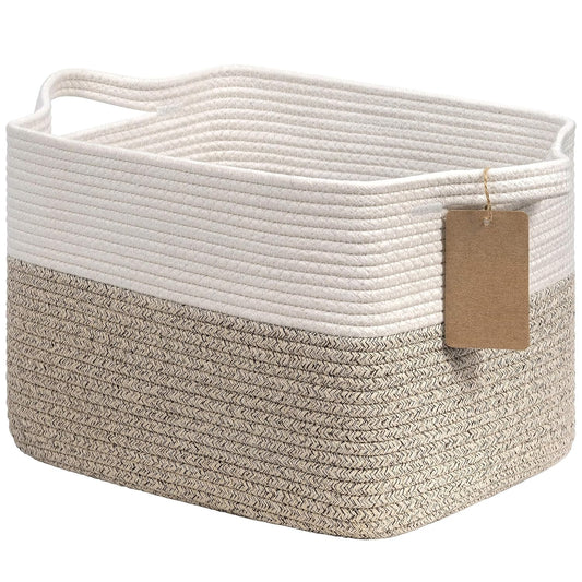 Goodpick Woven Rope Storage Basket for Shelves, Rectangle, Light Brown | 13" × 10" × 9" Stylish Gift Basket for Home Organization, Fits Dog Toys, Books & Nursery Essentials Storage, Writable Label