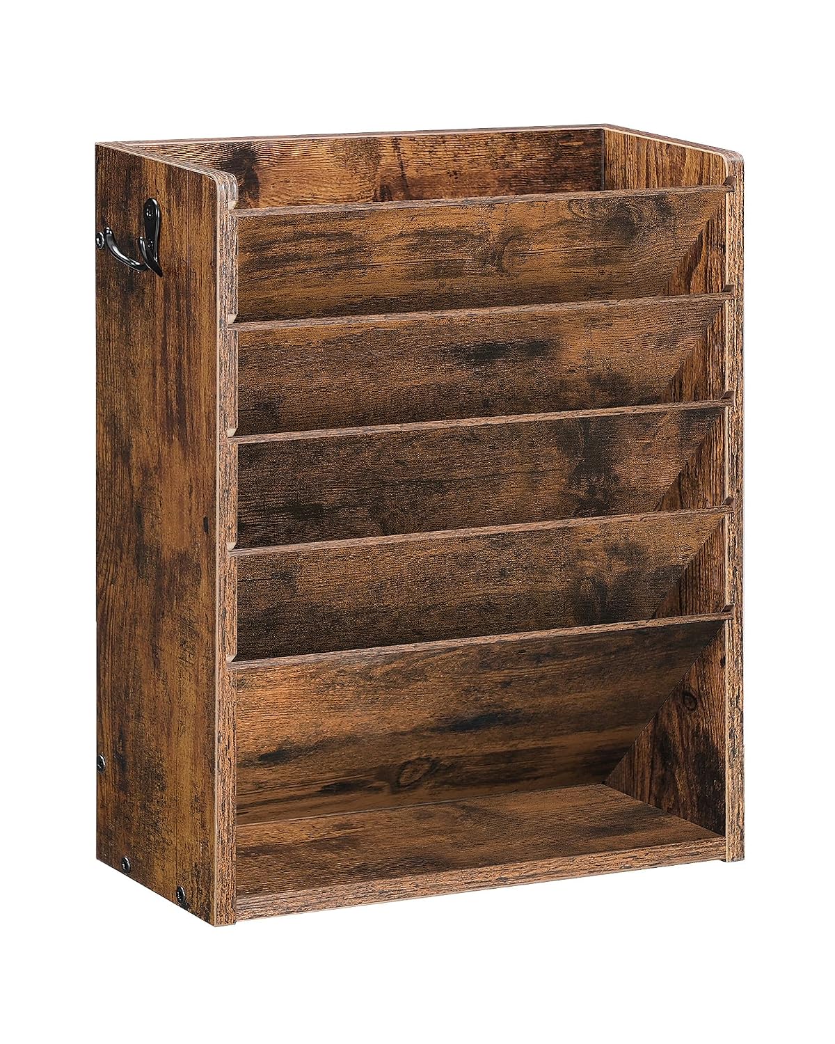 Wall File Organizer, 6-Tier Vertical Mount Hanging Holder with 2 Side Hooks, Vintage Wooden Magazine Storage Crate with Bottom Flat Tray, Desk Organizer, for Office, Home, Rustic Brown MWJ01FG