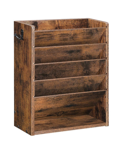 Wall File Organizer, 6-Tier Vertical Mount Hanging Holder with 2 Side Hooks, Vintage Wooden Magazine Storage Crate with Bottom Flat Tray, Desk Organizer, for Office, Home, Rustic Brown MWJ01FG