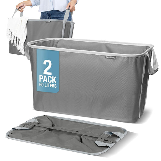 CleverMade Collapsible Laundry Basket, 60L, 2 Pack, Charcoal | Each basket supports 55 lb and stays upright while loading, then folds to 1.25 inches for closets, dorms, and RVs.