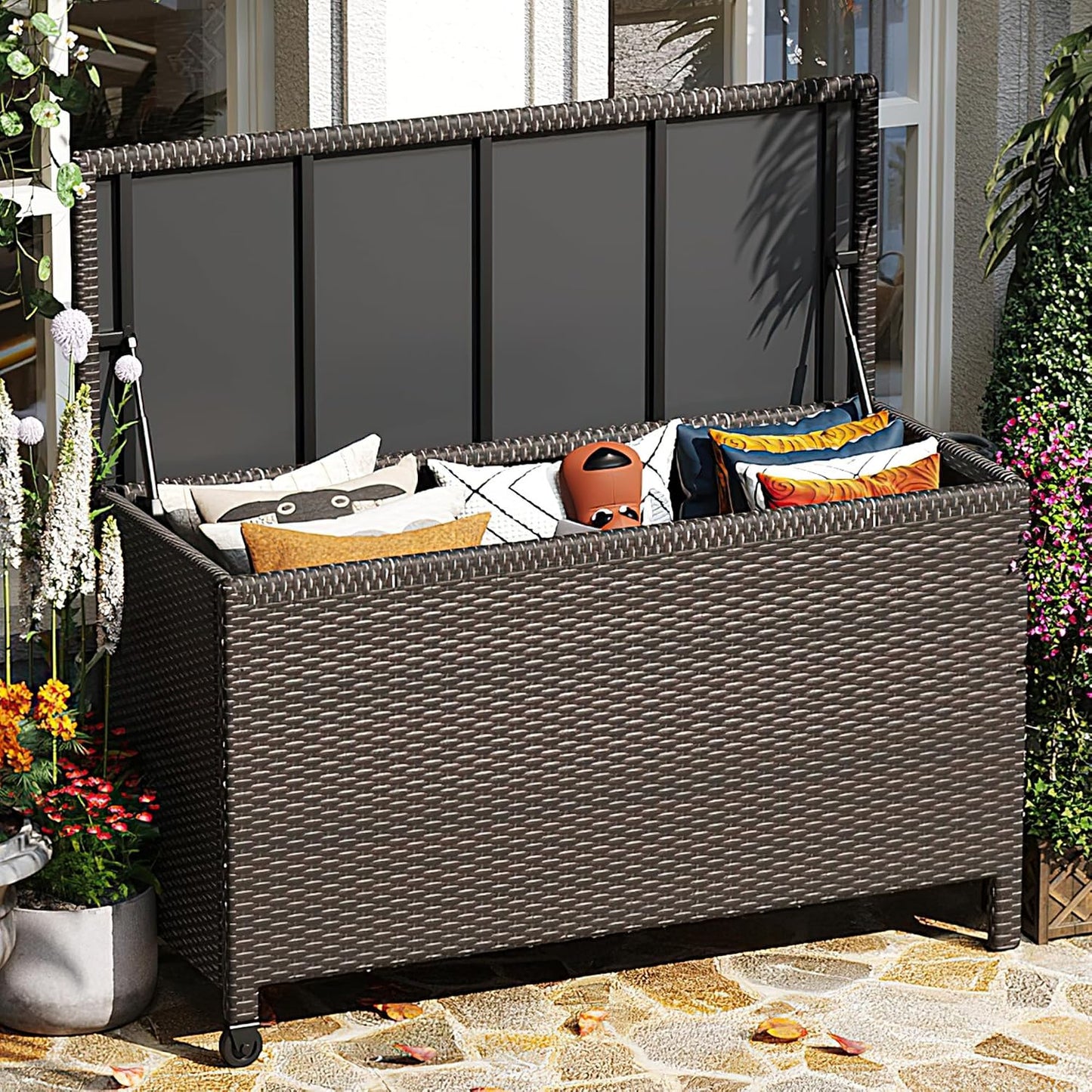 Wicker Deck Box, 185 Gallon All-Weather Outdoor Storage Box - Brown | Rattan Storage Bin for Patio Furniture, Outdoor Cushions, Pool Storage and Garden Tools