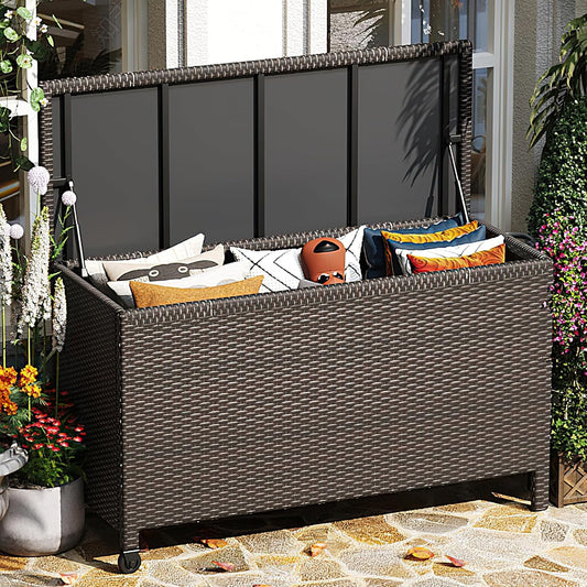 Wicker Deck Box, 185 Gallon All-Weather Outdoor Storage Box - Brown | Rattan Storage Bin for Patio Furniture, Outdoor Cushions, Pool Storage and Garden Tools