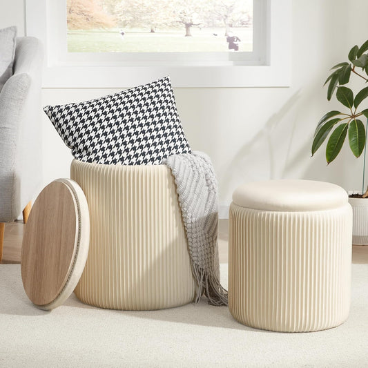 Round Ottoman with Storage Set of 2, Storage Vanit... (Velvet Beige | Engineered Wood)