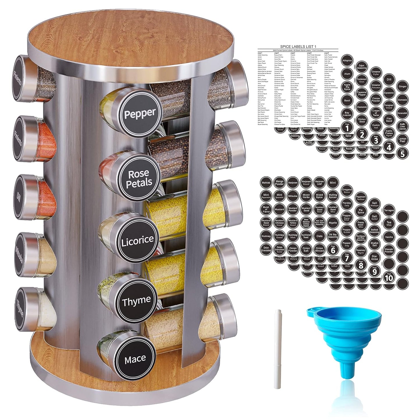 Revolving Spice Rack Set with 20 Spice Jars, Kitchen Spice Tower Organizer for Countertop or Cabinet -- Carousel Storage Includes 386 Spice Labels -- Desktop Rotating Seasoning Organizer