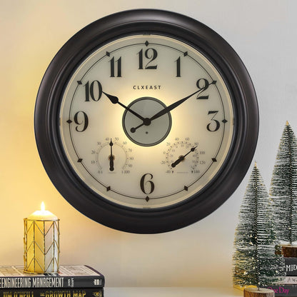 18 Inch Large Illuminated Outdoor Clocks Waterproof, Bronze Black | Built In Adjustable Thermometer & Hygrometer, IP65 Weatherproof, Accurate & Easy to Read for Patio,Pool & Home Decor
