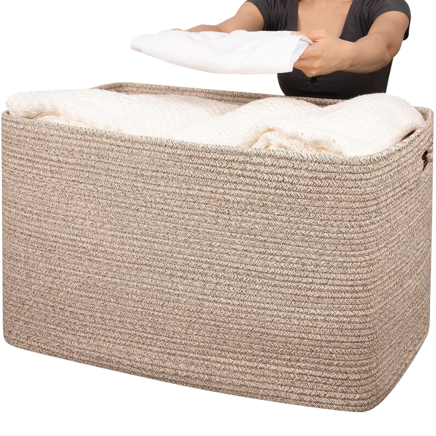 OIAHOMY 118L XXXLarge Cotton Rope Storage Basket, Oversized Blanket Basket, Used for Organizing Dirty Clothes in Living Room, Bedroom, Nursery, Dog Toy Storage Bins, 25" x 17" x 16",Brown variegated