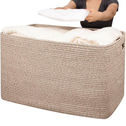 OIAHOMY 118L XXXLarge Cotton Rope Storage Basket, Oversized Blanket Basket, Used for Organizing Dirty Clothes in Living Room, Bedroom, Nursery, Dog Toy Storage Bins, 25" x 17" x 16",Brown variegated