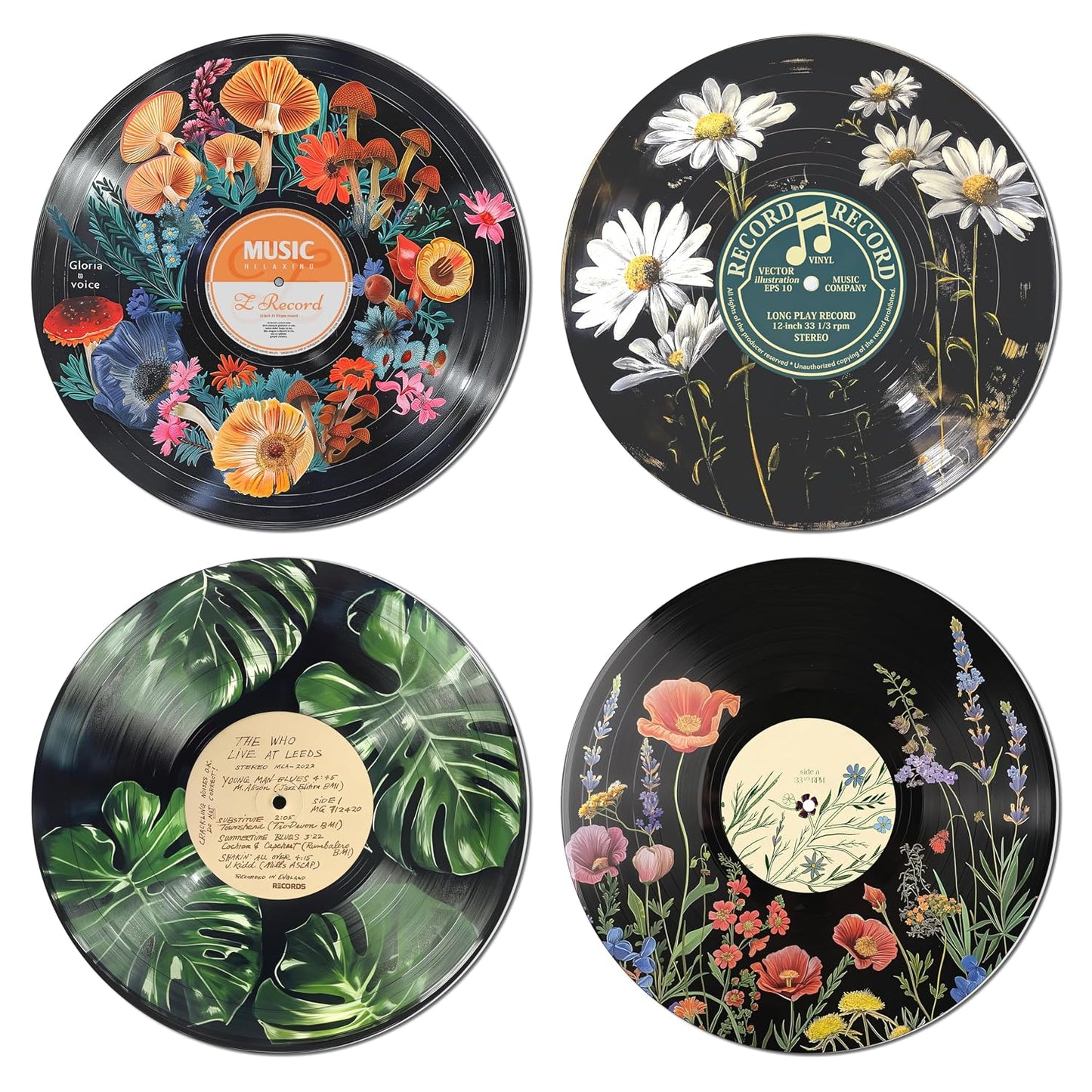 HK Studio Hippie Decor, Posters for Room Aesthetic - Botanical Wall Art, Record Decor, 4pcs 12"