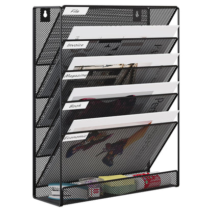 EasyPAG 5 Tier Wall File Holder, Mesh Hanging Folder Organizer with Classify Label, Versatile Desk File Holder, Vertical Wall Mounted Mail Organizer for Office Home Cubicle, Black