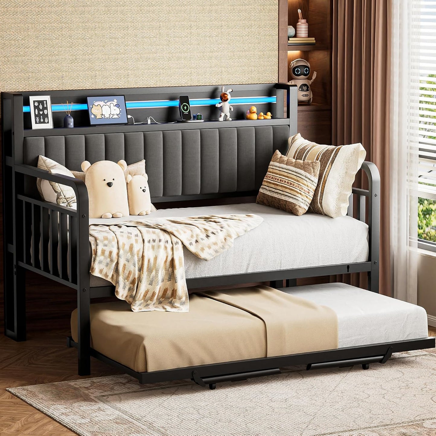 Daybed with Trundle and LED Light, Heavy Duty Metal Twin Bed Frame with Upholstered Storage Headboard & Charging Station, Day Bed Pop Up Trundle Bed Twin for Living Room,Bedroom and Guest Room, Black