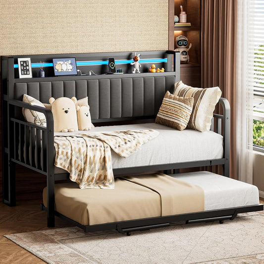 Daybed with Trundle and LED Light, Heavy Duty Metal Twin Bed Frame with Upholstered Storage Headboard & Charging Station, Day Bed Pop Up Trundle Bed Twin for Living Room,Bedroom and Guest Room, Black