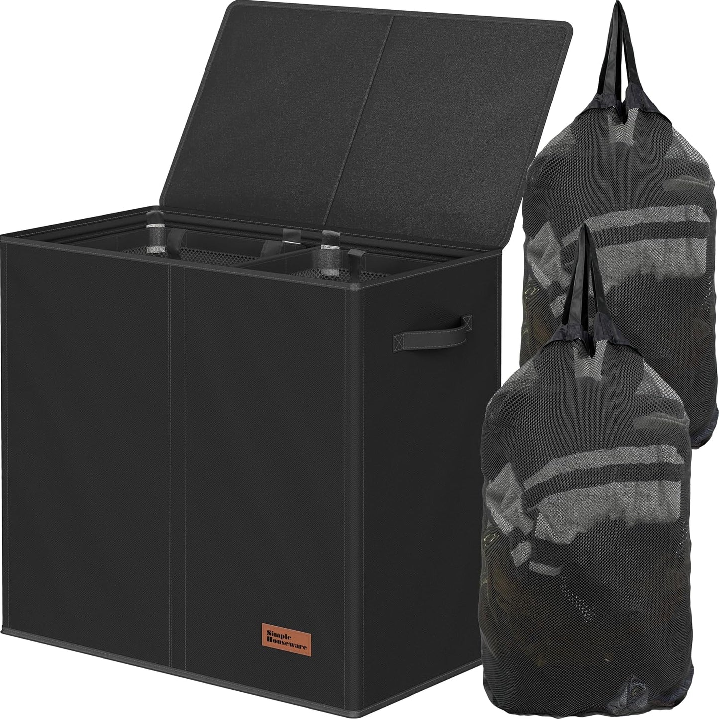 Simple Houseware Double Laundry Hamper with Lid & Removable Bags, Black | Heavy Duty 600D Polyester, Water-Resistant Surface