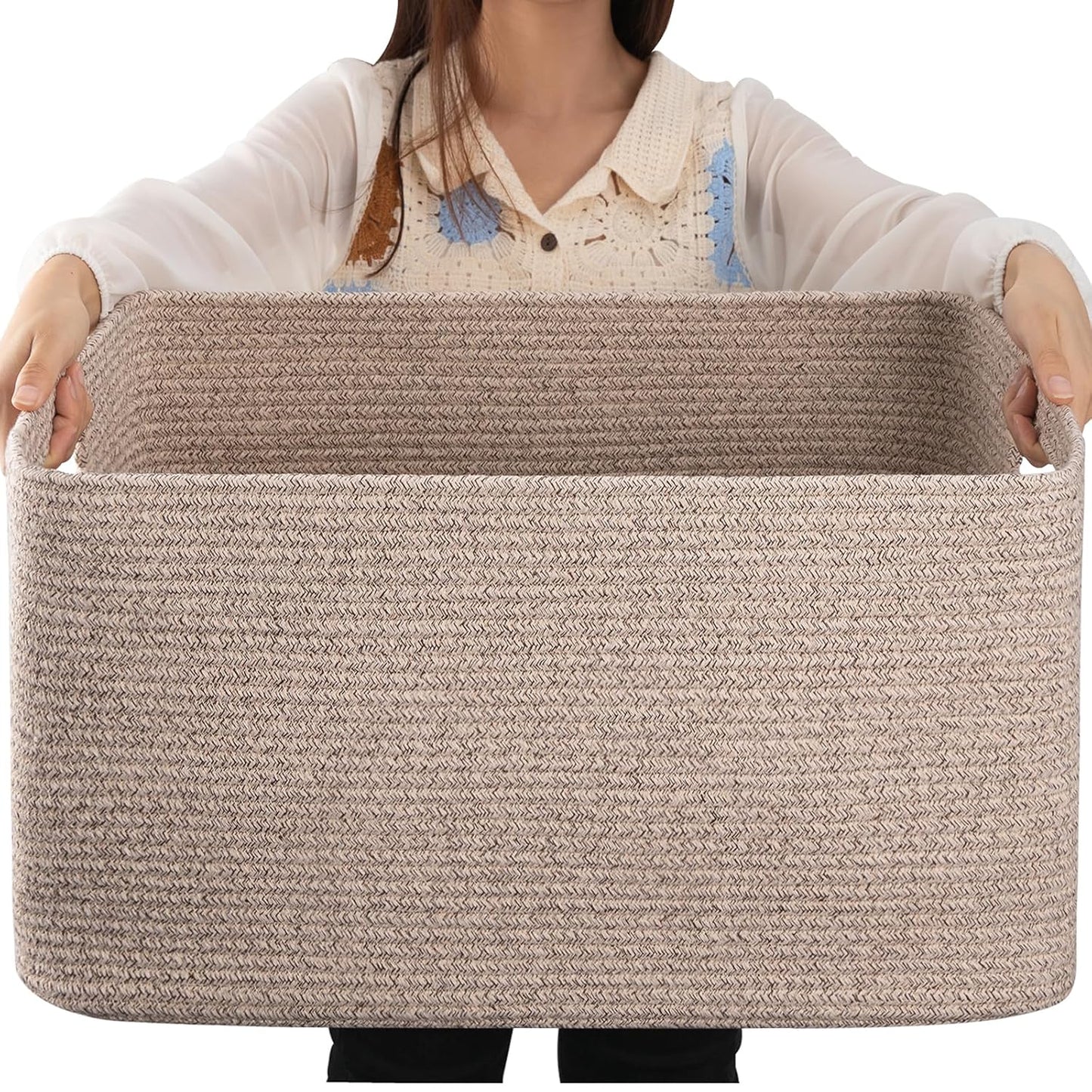 OIAHOMY 75L Large Blanket Basket, 22”x17”x12” Woven Cotton Rope Storage Basket with Handle for Organizing Blanket and Toys for Living Room, Nursery, Brown Variegated