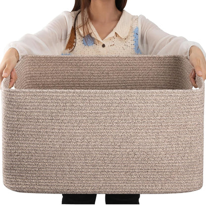OIAHOMY 75L Large Blanket Basket, 22”x17”x12” Woven Cotton Rope Storage Basket with Handle for Organizing Blanket and Toys for Living Room, Nursery, Brown Variegated