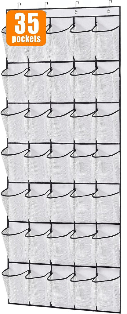 MISSLO 35 Large Pockets Over The Door Shoe Organizer Sturdy Oxford Fabric Hanging Shoe Rack for Door Mesh Closet Shoe Holder Hanger, White