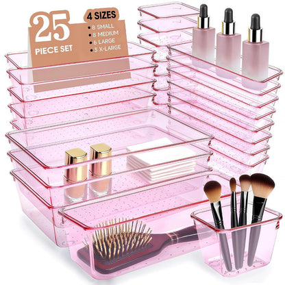 Kitchen Desk Drawer Organizers Storage for Office, Small Acrylic Vanity Trays Makeup Organizer for Drawer Bathroom Plastic Make up Organizers 25 Pcs Pink