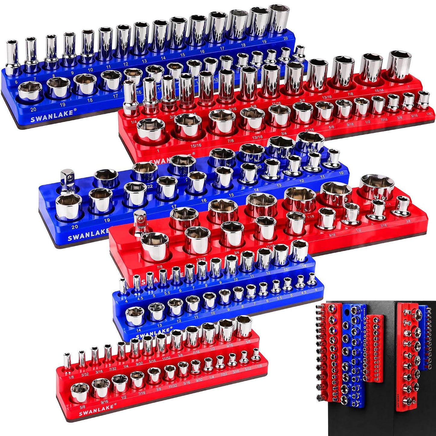 Magnetic Socket Organizer Set, 6PCS Socket Holder, 1/4", 3/8", 1/2" Sockets Holds 143 Pieces Magnetic Sockets Trays (Blue&red, 6 Pcs)