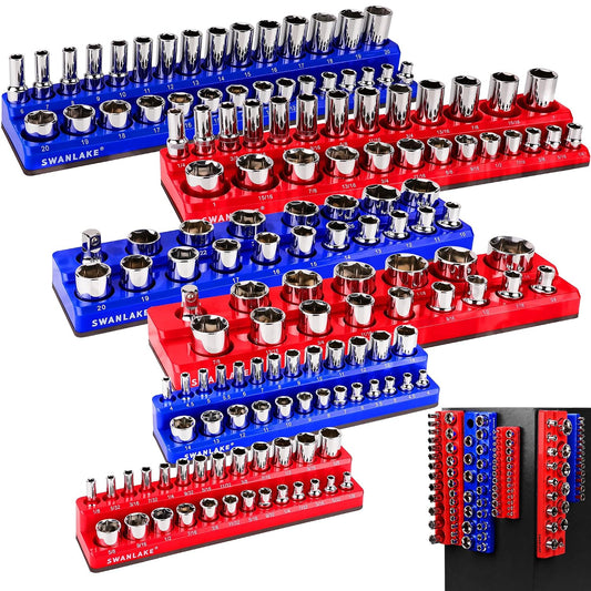 Magnetic Socket Organizer Set, 6PCS Socket Holder, 1/4", 3/8", 1/2" Sockets Holds 143 Pieces Magnetic Sockets Trays (Blue&red, 6 Pcs)