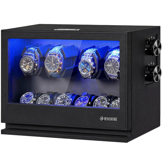 BEWISHOME Watch Winders for Automatic Watches, 4 Watch Winder | 6 Watch Display Case with Led Light 4 Modes, Automatic Watch Winder Box with Japanese Quiet Motor USB-C Adapter, Black SYQ04B