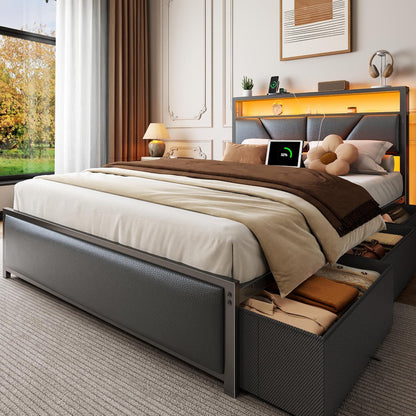 Full Size Bed Frame with Storage Headboard, 6 Drawers, LED&Charging