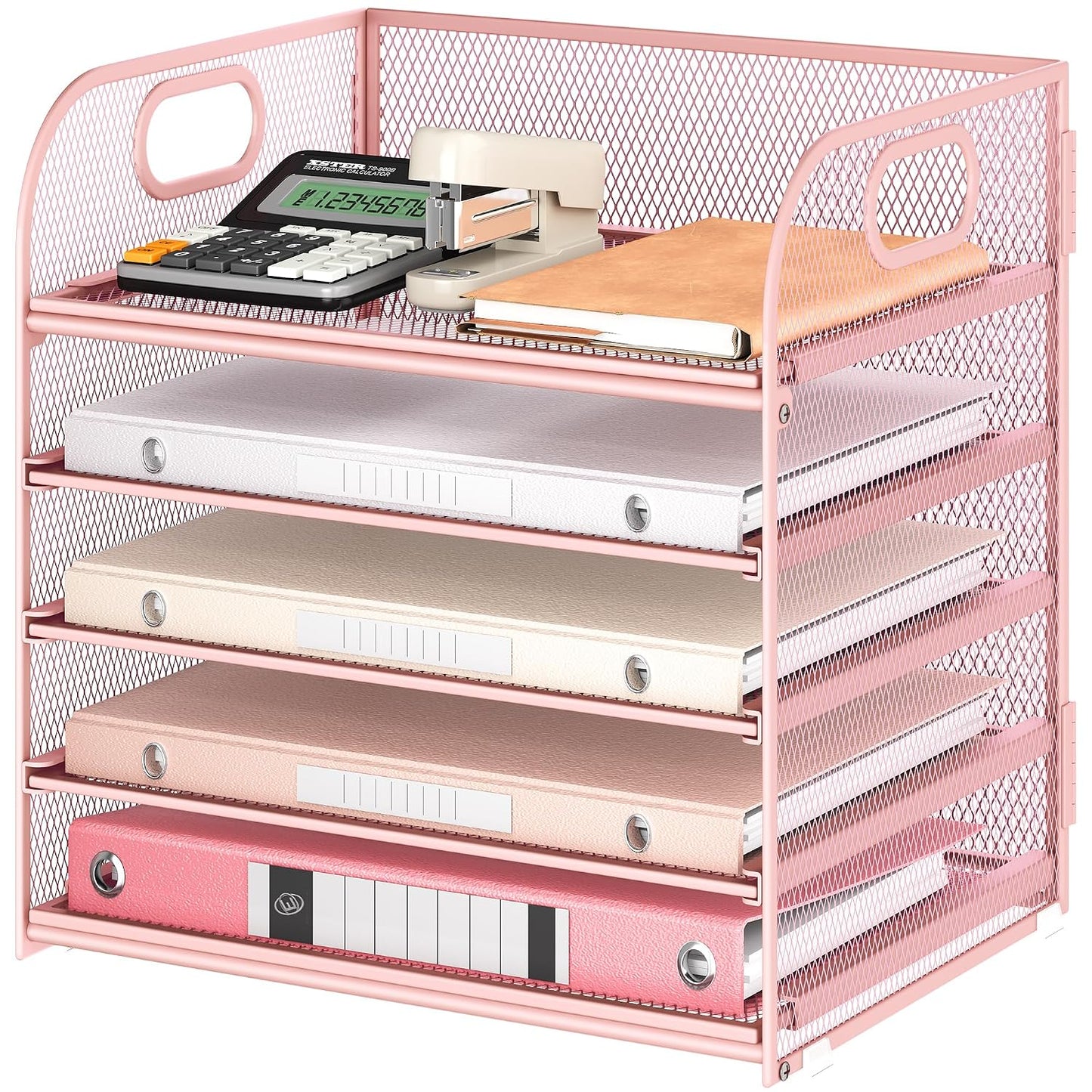 5 Tray Paper Organizer Letter Tray with Handle - Mesh Desk File Organizer, Paper Sorter Organizer for Office, Home or School File Folder Holder - Pink