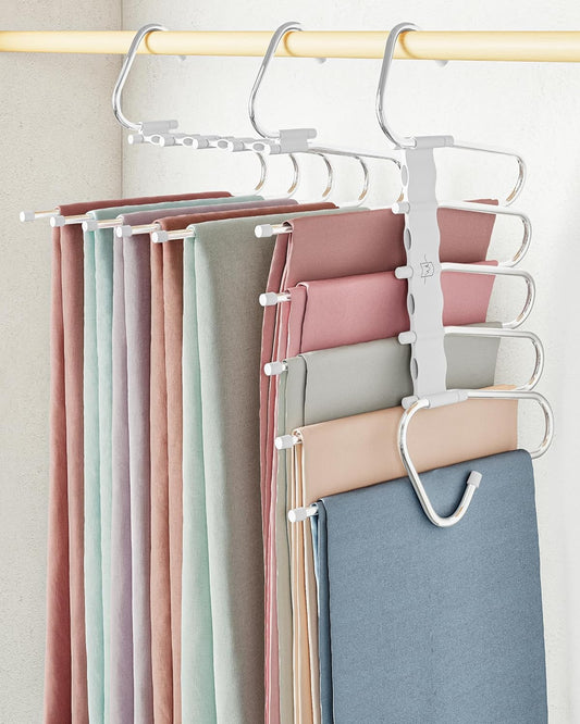 Pants Hangers Space Saving - 2 Pack - Non-Slip Multi-Layer Space Saving Hangers - Multifunctional Clothing Rack for Closet Storage - Ideal for Jeans, Trousers, Skirts, Scarves & Slacks (White)