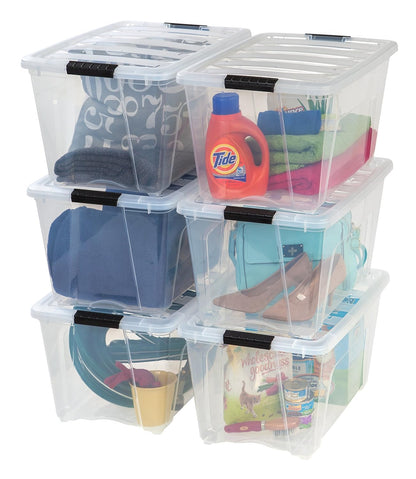 IRIS USA 6-Pack 54 Quart Storage Bins with Lids, Clear | Transparent design makes contents easy to find. Perfect for moving, blankets, clothing, and garage storage. Nestable design