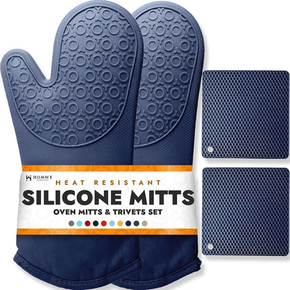 BPA-Free Soft Silicone 4 Piece Oven Mitts & Trivet... (Navy Blue)