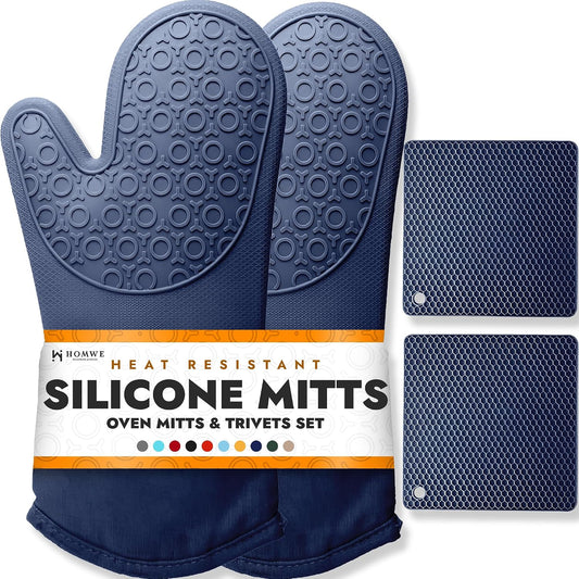 BPA-Free Soft Silicone 4 Piece Oven Mitts & Trivet... (Navy Blue)