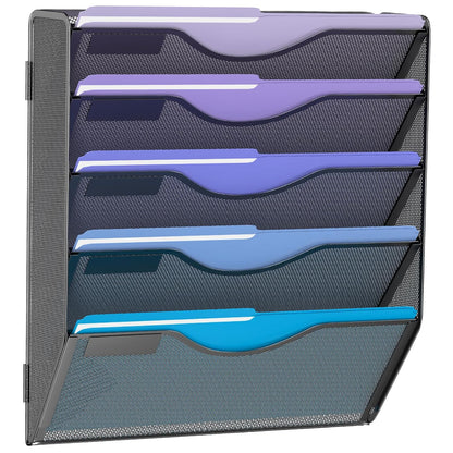 5 Tier Hanging Wall File Organizer, Mesh Mail Paper Orgnization Hanging File Folder Holder for Home Office, Black