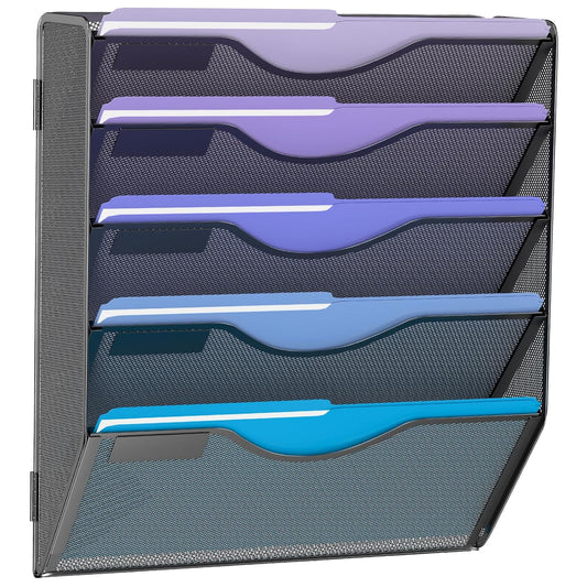 5 Tier Hanging Wall File Organizer, Mesh Mail Paper Orgnization Hanging File Folder Holder for Home Office, Black