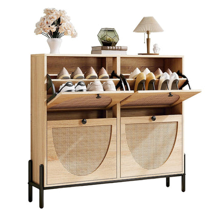 IRONCK Rattan Shoe Cabinet Storage with 4 Flip Drawers, Oak | Freestanding Shoe Storage Organizer Cabinet for Entryway, Narrow Shoe Rack Cabinet