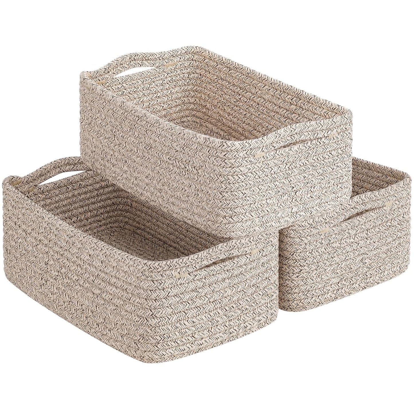 Goodpick 3Pack Rope Storage Baskets for Shelves Organizing, 11 x 7 x 4.5 in | Woven Baskets for Closet Fit Bedroom Lving Room, Small Baskets for Gift Empty, Dog Toy Basket for Pets, White & Light Gray