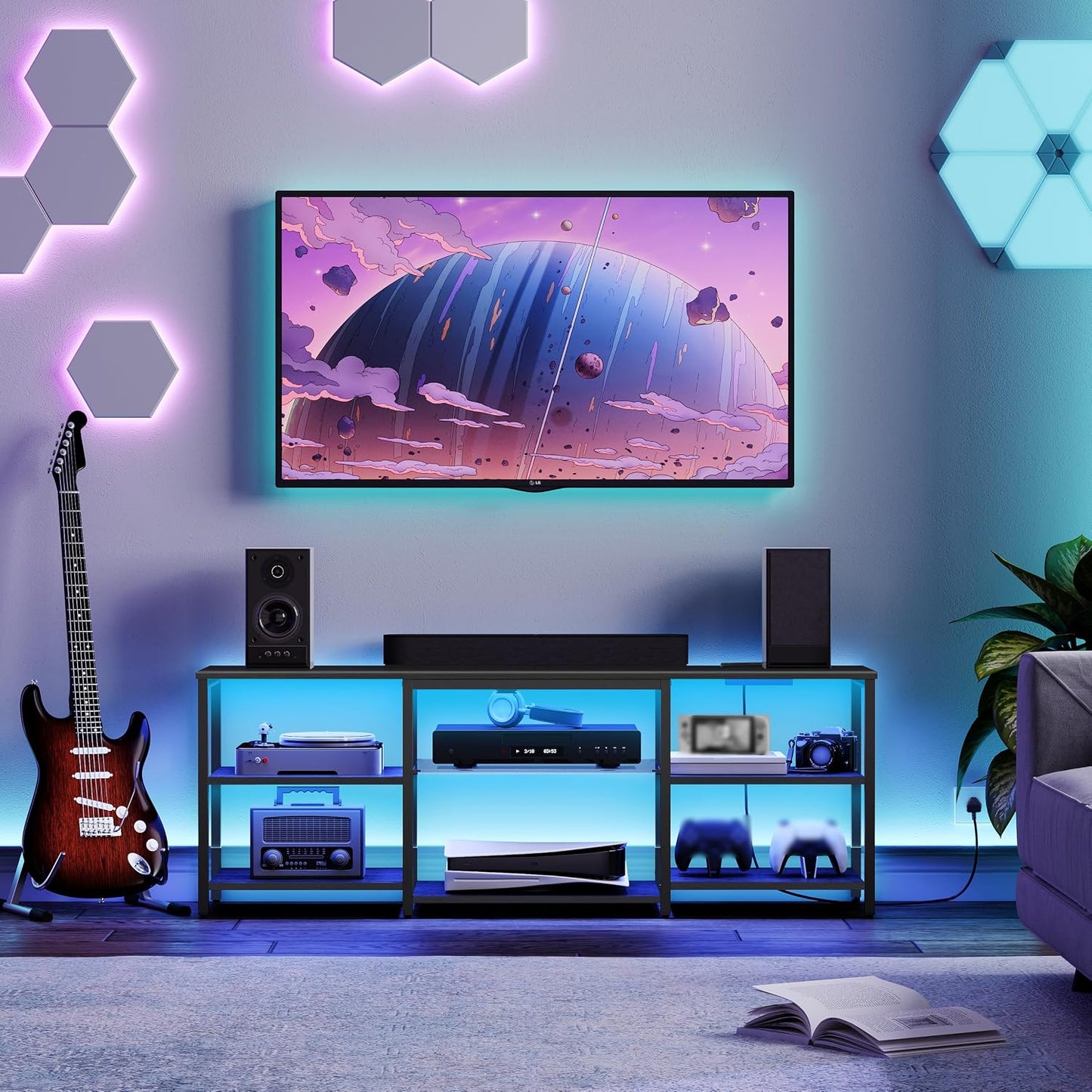HOOBRO LED TV Stand for 65 Inch TVs with Charging Station, Gaming Entertainment Center with 3-Tier Open Storage, Long Media TV Console Table, TV Stand for Living Room, Bedroom, Black BB20UDDS01