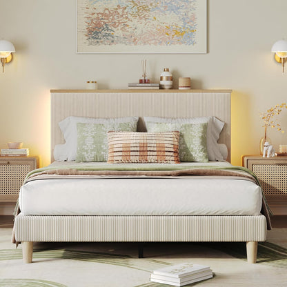 Bestier Queen Bed Frame with Storage Headboard & LED, Upholstered, Beige
