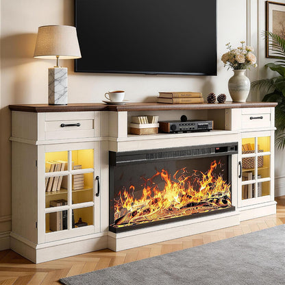 70" Fireplace TV Stand, 3-Sided Glass Fireplace and Modern Entertainment Center, Wooden Media Console with Glass Doors & Storage Drawers, LED Light, for Living Room, Antique White