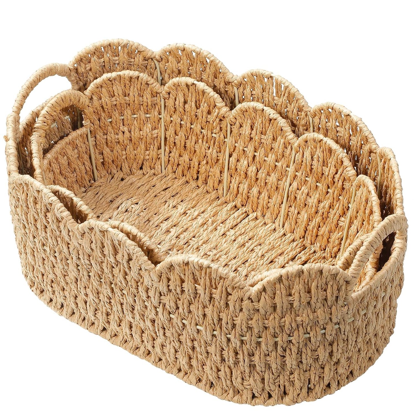 Paper Rope Scalloped Basket Set of 2, Wicker Storage Baskets for Shelves,Gifts,Books,Toys,Cute Decor Rattan Baskets for Organizing,Natural Color