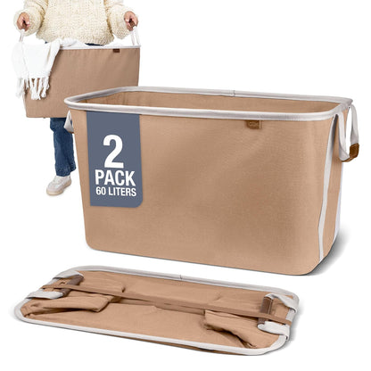 Collapsible Fabric Laundry Basket Premium, Mocha, 2 Pack | Elevate Open-Room Laundry Storage | Cotton-Blend Fabric and Vegan Leather Add Polish, While Each Basket Holds 55 lb